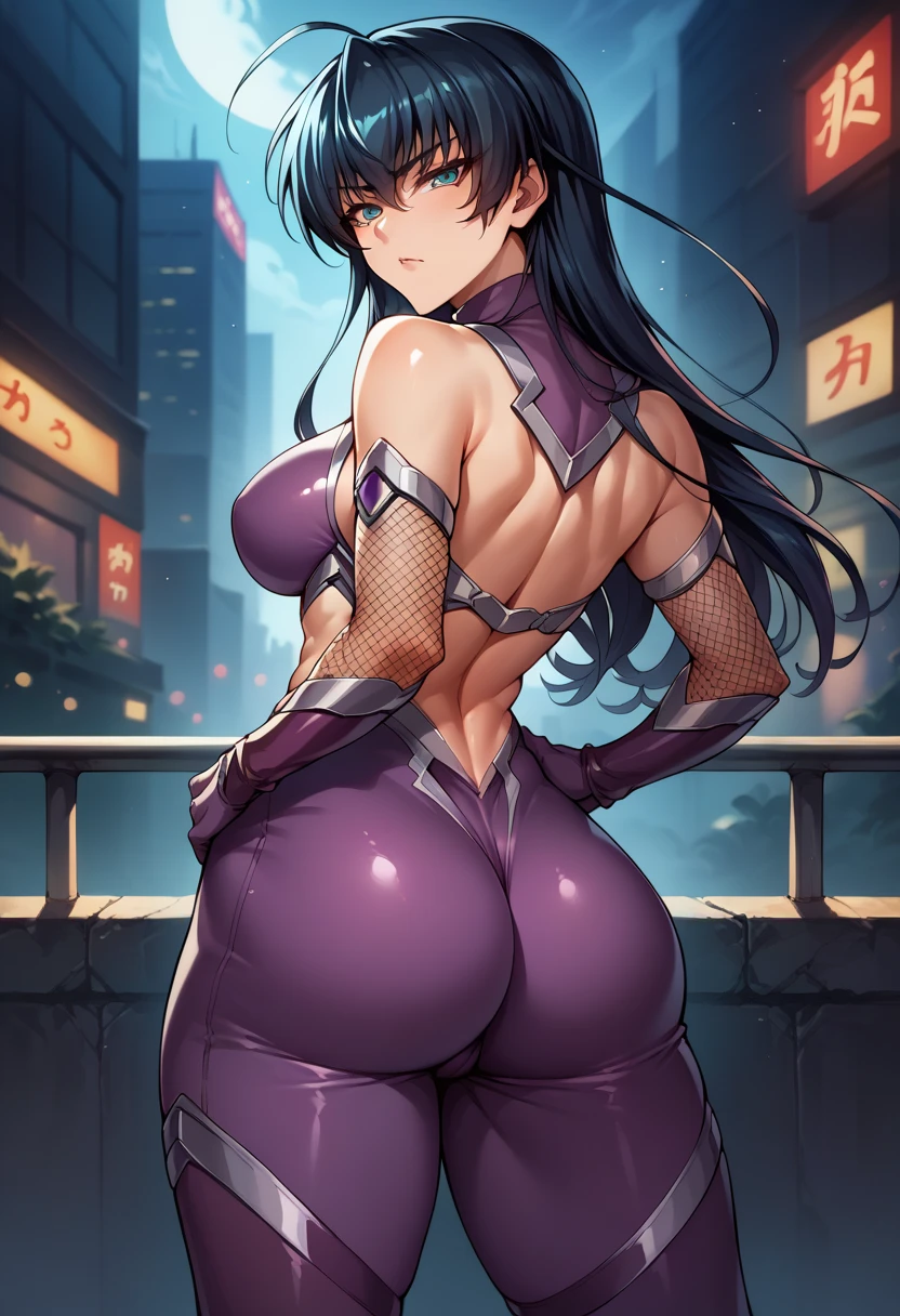 beautiful, (masterpiece:1.2), (best quality:1.2), perfect eyes, perfect face, perfect lighting, 1girl, armor, breasts, cropped legs, curvy, bodysuit, black leggings, bracers, dark-skinned female, dark skin, gorget, hand on hip, huge breasts, long hair, makeup, black hair, purple hair, sidelocks, smile, solo, thick thighs, turned around, bent over, presenting ass