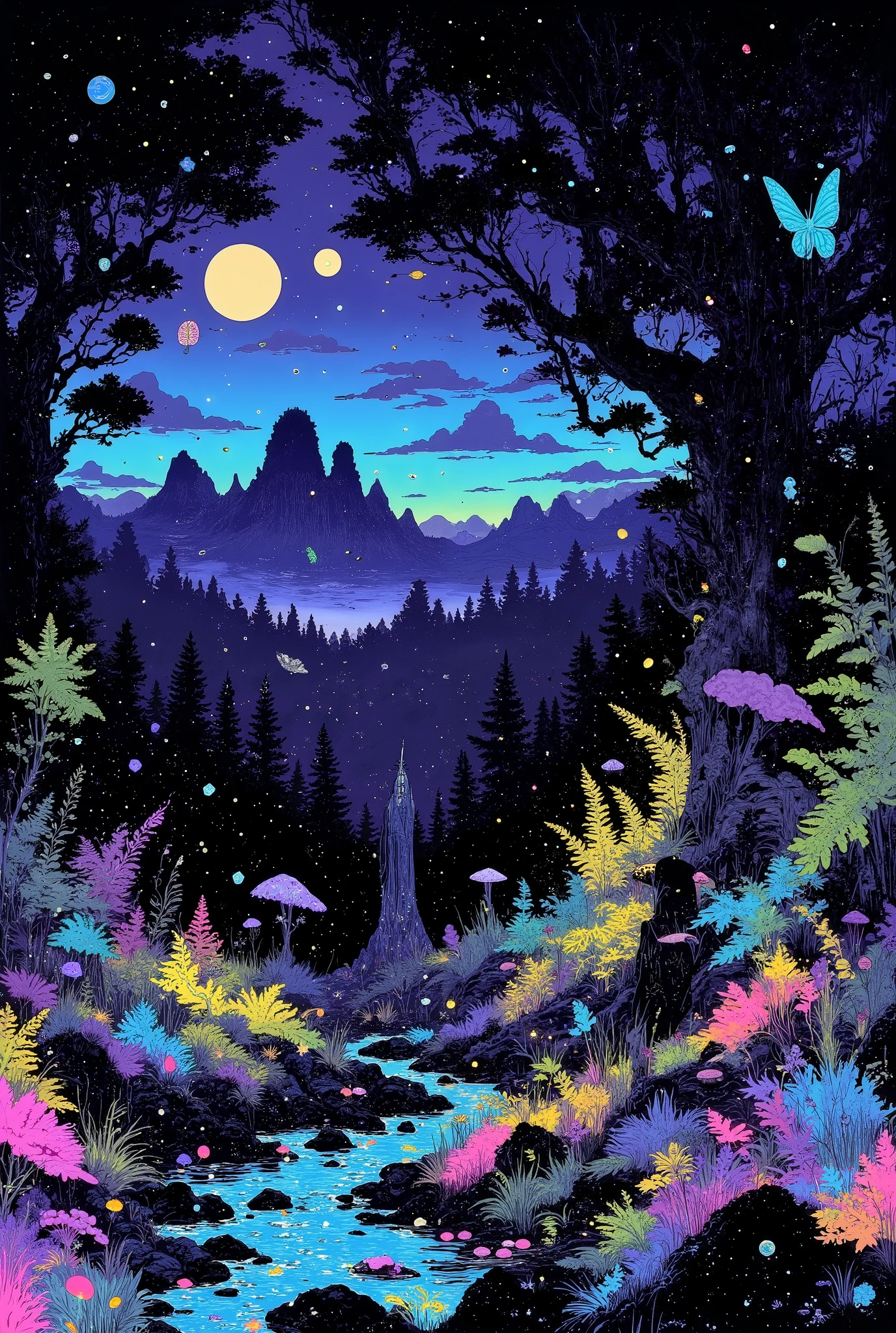 An unearthly fantastic magical forest bathed in moonlight. Silhouettes of ancient gnarled oaks with golden glowing runes carved on them, against the background of a mother-of-pearl full moon. Giant emerald carved ferns. Impenetrable thickets of tall silver grass, swaying in a light breeze, pierced by a scattering of luminous blue and lemon fantastically beautiful flowers. Mirrored dew drops sparkling on the petals. Acidic pulsating moist predatory mushrooms. Flocks of fireflies twinkling in the dark. Coral moths with intricate patterns on their wings lurked in the branches of the oaks. A winding diamond stream reflecting the fluorescent cold moonlight filtering through the foliage. Delicate delicate clouds floating across the starry night sky. Beautiful young fairies in transparent purple robes hiding in the branches. Fantastic furry familiars with turquoise transparent eyes roam among the thickets of flowers and grasses.A shining unicorn grazes peacefully in the depths of the forest. Professor Dumbledore is sitting on a rock and reading a magic book. Distant gray mountains, shrouded in fog, moss-covered rocks. Thin tendrils of mystical mist.A starry sky with floating islands in the distance. Fabulous magical color scheme. 8k resolution, ultra-detailed, atmospheric depth, cinematic lighting, smooth edge focusing, photorealistic rendering, mystical atmosphere