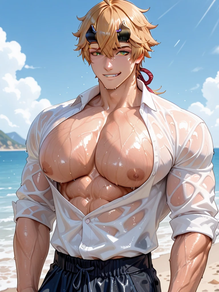 absurdres, highres, ultra detailed, HDR, master piece, best quality, Quincy, blonde hair, expressive amber eyes, Nu Carnival , solo, sexy man, handsome, horny, lewd, without shirt, POV you, hands touching pecs, fantasy, magical, pink flowers, pink butterflies, blue sky, pink petals
