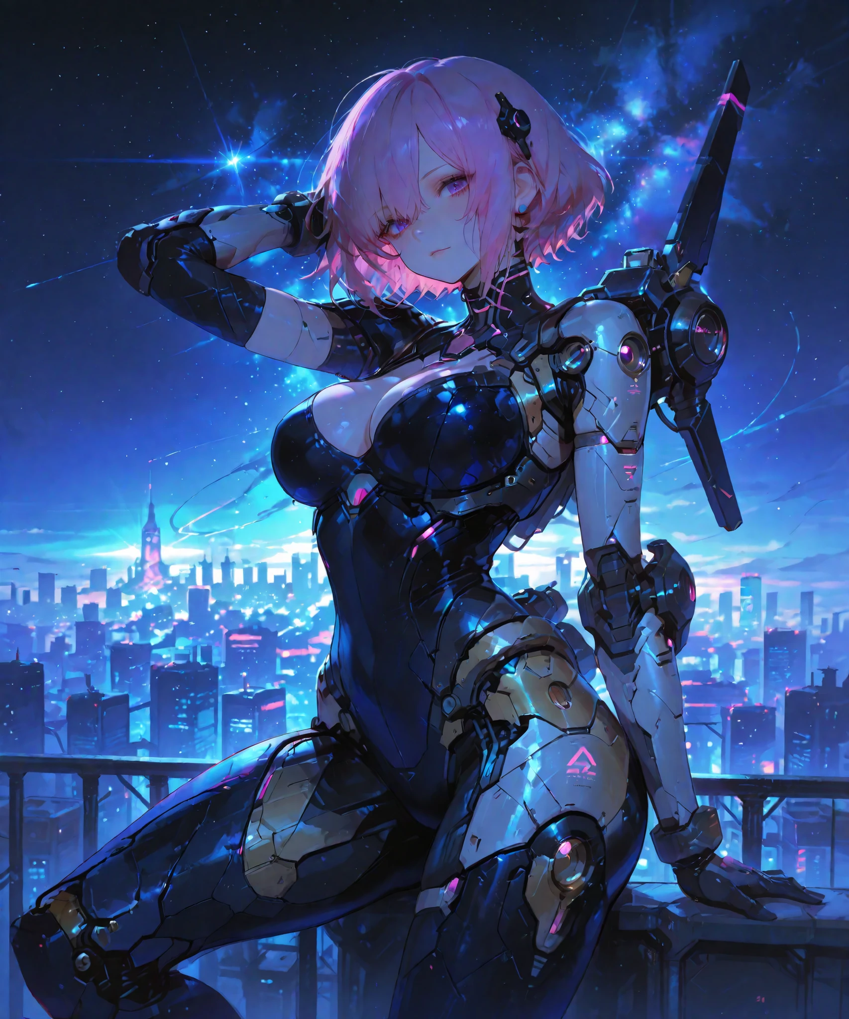 anime girl, very short hair、pink hair, beautiful blue eyes, Mecha suit figure, nice background of rainy city, 8K, High resolution、sexy pose、big smile、(wet texture:1.3)