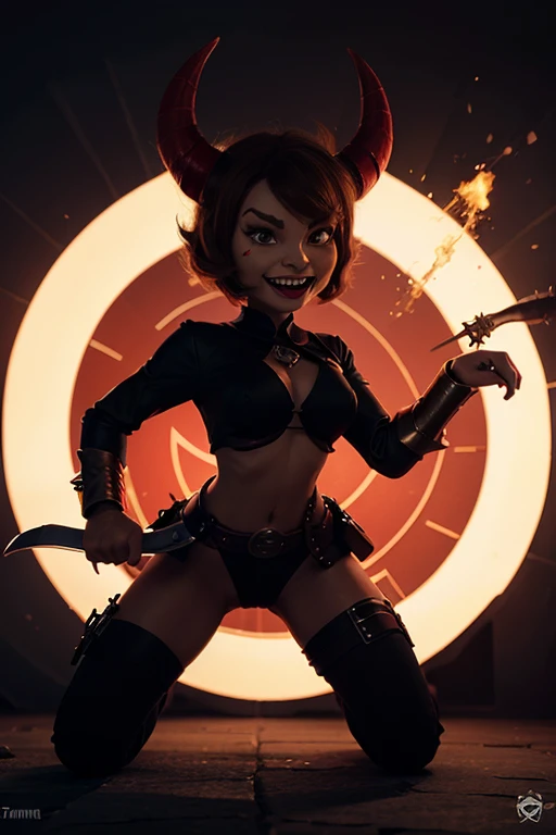 1girl, fire magic, sexy, skimpy, medium breasts, tanned, dark skin, freckles, brown eyes, short hair, messy and brown hair, curly hair, black demon bikini, fishnets, devil horns, demon tail, fingerless gloves, fire, magma, masterpiece quality, ultra HD, 4K, best quality