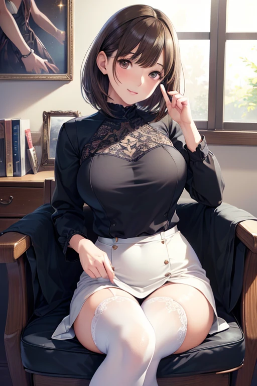 Random Fashion、cum on、Random actions、cum on、独奏、28-year-old woman、s lips:A sexy、Hair color: Dark brown、Translucent skin， the skin is fair and juicy,, （hairstyle on）Brown Extra Short Haircut、、（Basic Information）smil、Big open mouth、Moist eyes、Knee-high stockings、Gentle eyes、、Slim and soft、Mouth wide open、、Gentle look、background slightly blurred