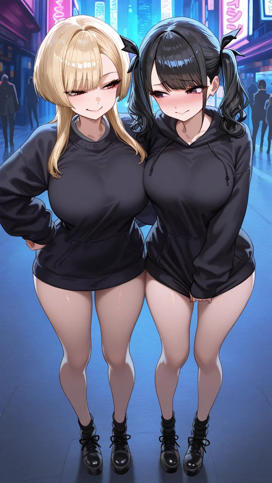 (((kipteitei art))), ((masterpiece)), (((best quality))), ((ultra-detailed)), (((illustration))), detailed face, detailed body, ((2girls)), ((Line art)), (in the style of cell shaded), (vivid colors), skindentation, (((fluffy hair))), looking at viewer, concerned, worried, ((jump suit)), skin tight, (tight clothes), (((post apocalypse))), post apocalyptic city, medium breasts, perky breasts, (wide hips), ((thick thighs)), 2 girls standing next to each other, one girl has white hair and blue eyes, one girl has dark skin and short brown hair,