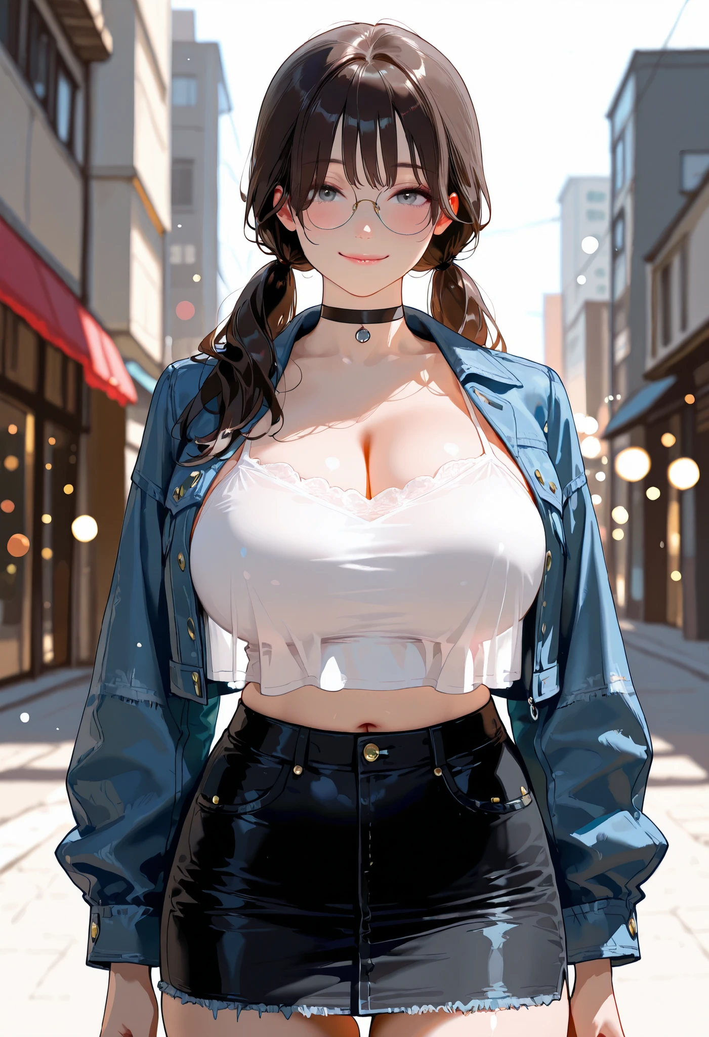 ((masterpiece)), ((Best Quality)), (Ultra-detailed), ((kawaii)), (Cute), (lovely), ((Sexy)), (Ero), ((Extremely detailed)), 4K, (8K), Best Quality, (Beautiful), Illustration, Anime style, Painting, Dynamic Angle, Cowboy Shot, (from wildcard:1.2), heavy outline, clear outlines, Gradation, full body focus, (city), Cute little girl,1girl in, Solo, tank top, hair dyed brown, Beautiful random colored eyes, ((Beautiful eyes)), Slightly wheat-colored skin, random hair style, Buttocks, (gigantic and massive tits), glasses, (cool), (blush:1.5), sparkling effect, Lens Flare, shiny-glistening, gleaming