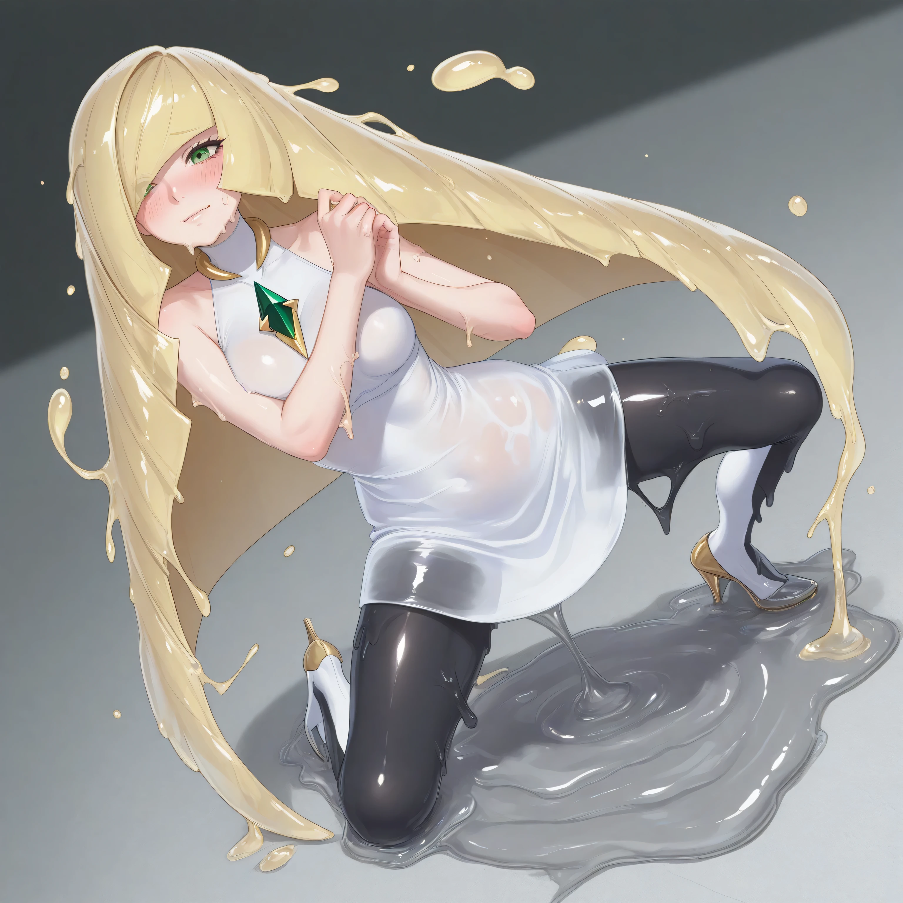 ((yellow blonde skin color)), Black camisole, Black leggings, yellow blonde hair, red eyes, two red hair ornaments, Non-human girl, slender, , navel, ((Yellow skin color)),Slime girl, Slime, monster girl, transparent body, colored skin