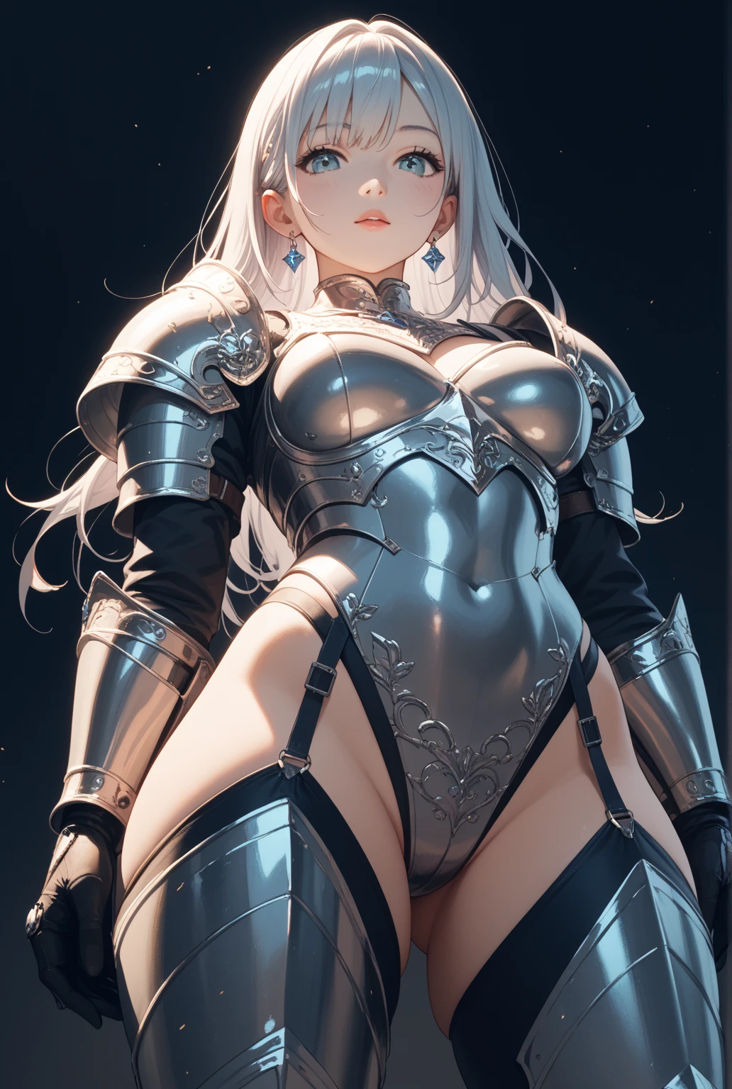 Photorealistic, High resolution, 1womanl, Solo, hips up high, Back view, look at viewr, (Detailed face), White hair, Long hair, Knight Armor、The buttocks are out