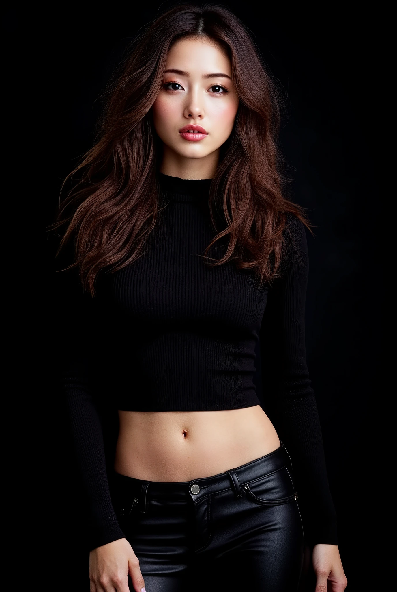  a young beautiful woman with long hair, (in ribbed crop top and leather pants on dark monochrome backdrop), (fine facial features), Tousled luxuriant hair, Supermodel, wavy hair, High resolution, (Masterpiece, Best Quality, High Quality:1.4), Intricate Details, sharp focus, detailed photograph, photorealistic lighting, trending on pixiv, trending on ArtStation, (soft lighting, vibrant colors:1.05), stylish dress