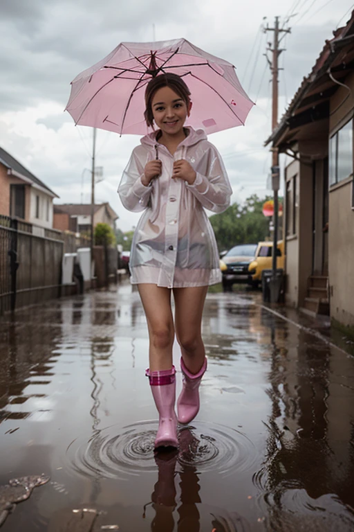 (((make a shiny Photorealism photo))) (A 7 year old girl) (wearing a white jumpsuit with floral motifs) is (sticking out her tongue) to catch raindrops in a park filled with shady trees((photo Photorealism))