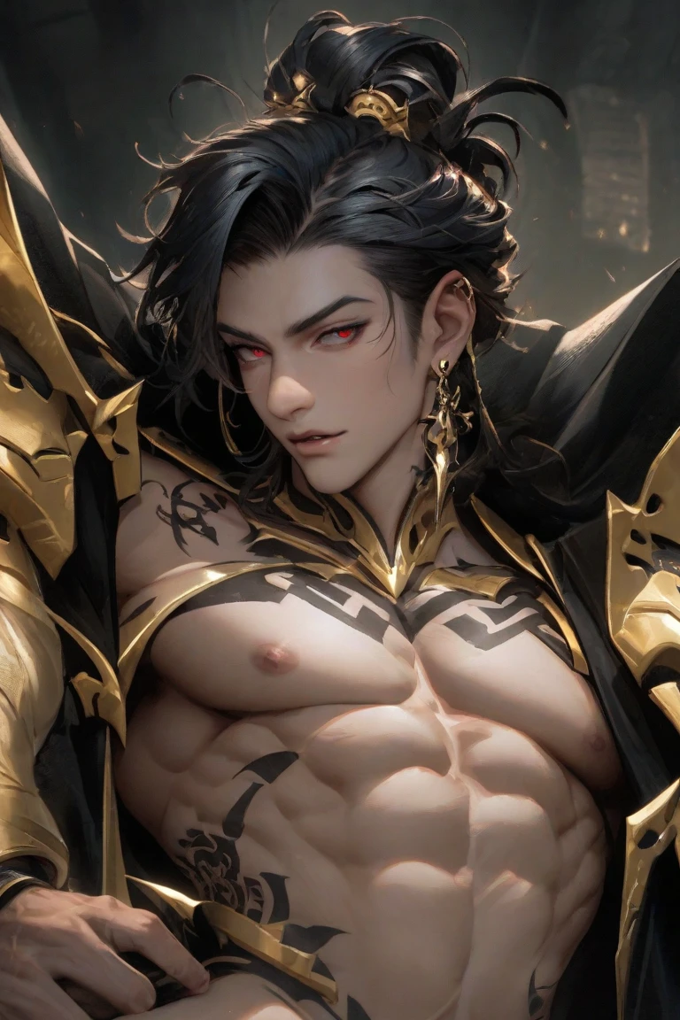 mtu, virile, Masculine face, Attractive, musculous, ((1人)), tmasterpiece, absurderes, Best quality at best, intricately details, (shiny skins, shining body, Shiny oily glowing skin, shinny hair,shiny long black hair,Male demon,Male body,The pectoral muscles are well developed,Deep purple skin,devil horns,Huge black feathered wings,Exposing a leaky body,Broken clothes,sombre background,AS-Adult,,intricately details,tmasterpiece,Lie on a gorgeous courtroom bed,spread their legs,cum shots,Semen,nakeness,Tighten with a black strap,Attractive,((mtu,male people)),climaxing,masturbation
