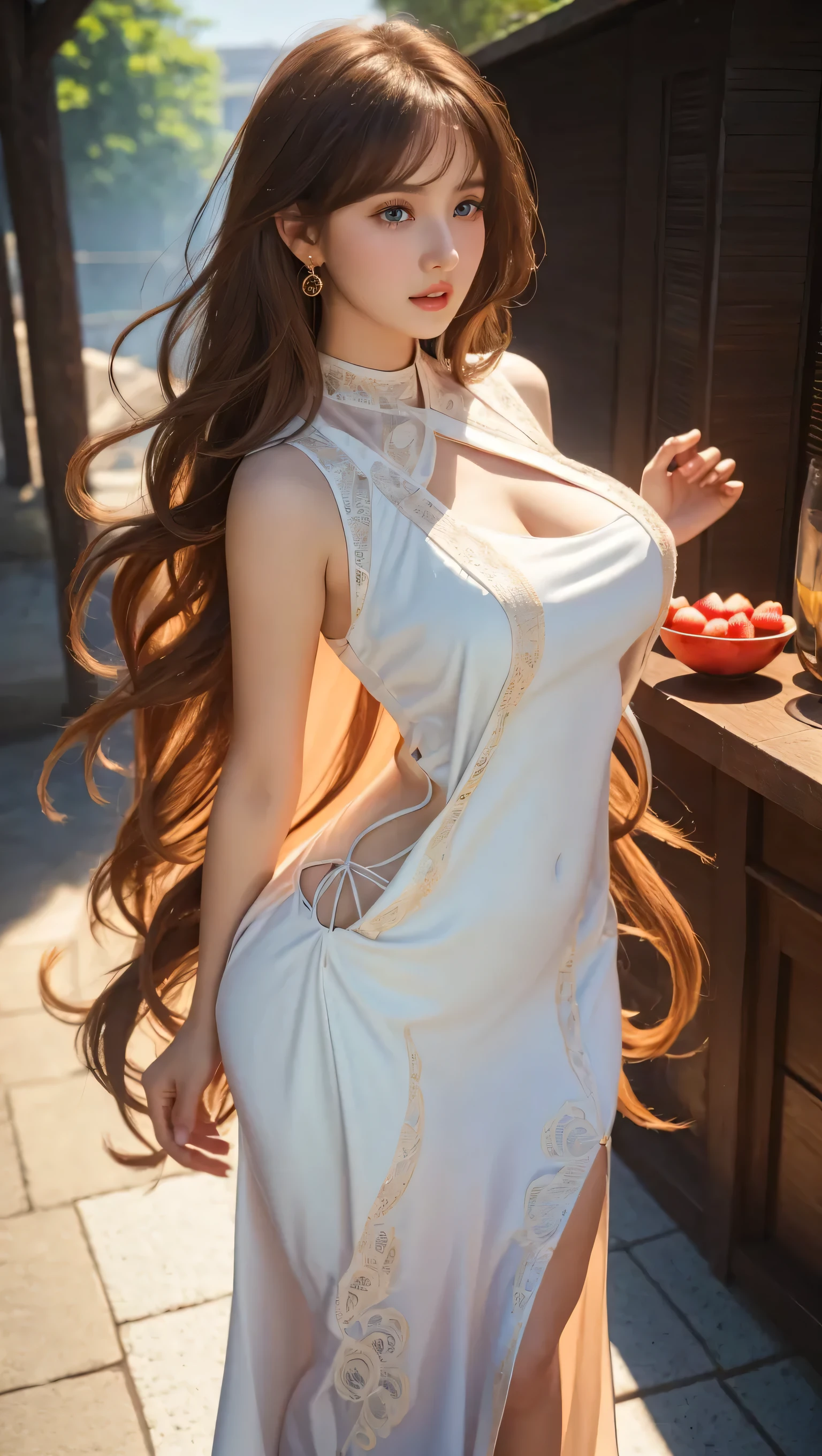 Beautiful woman with very long hair and light brown. Slim and proportionate body. (large chest: 1.5), dressed in ruffled skirt and lace. Well low-cut red top. Standing looking at the full moon