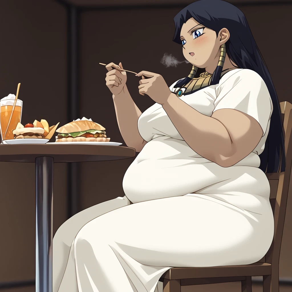 masterpiece,best quality,{{detailed beautiful face and eyes}}, very detailed background, 1 girl, solo,
Ishizu Ishtar,dark skin,long hair,black hair,egyptian,parted bangs,blue eyes,medium breasts,
1girl,(is embarrassing,big blush, Egyptian dress, eating food, indoor, restaurant, looking down, in front of tones of food, table, chair, from side, side view,, pov belly, sitting,
,nsfw full body shot, fat, chubby, obese, gigantic arms and legs, large breasts open mouth, out of breath