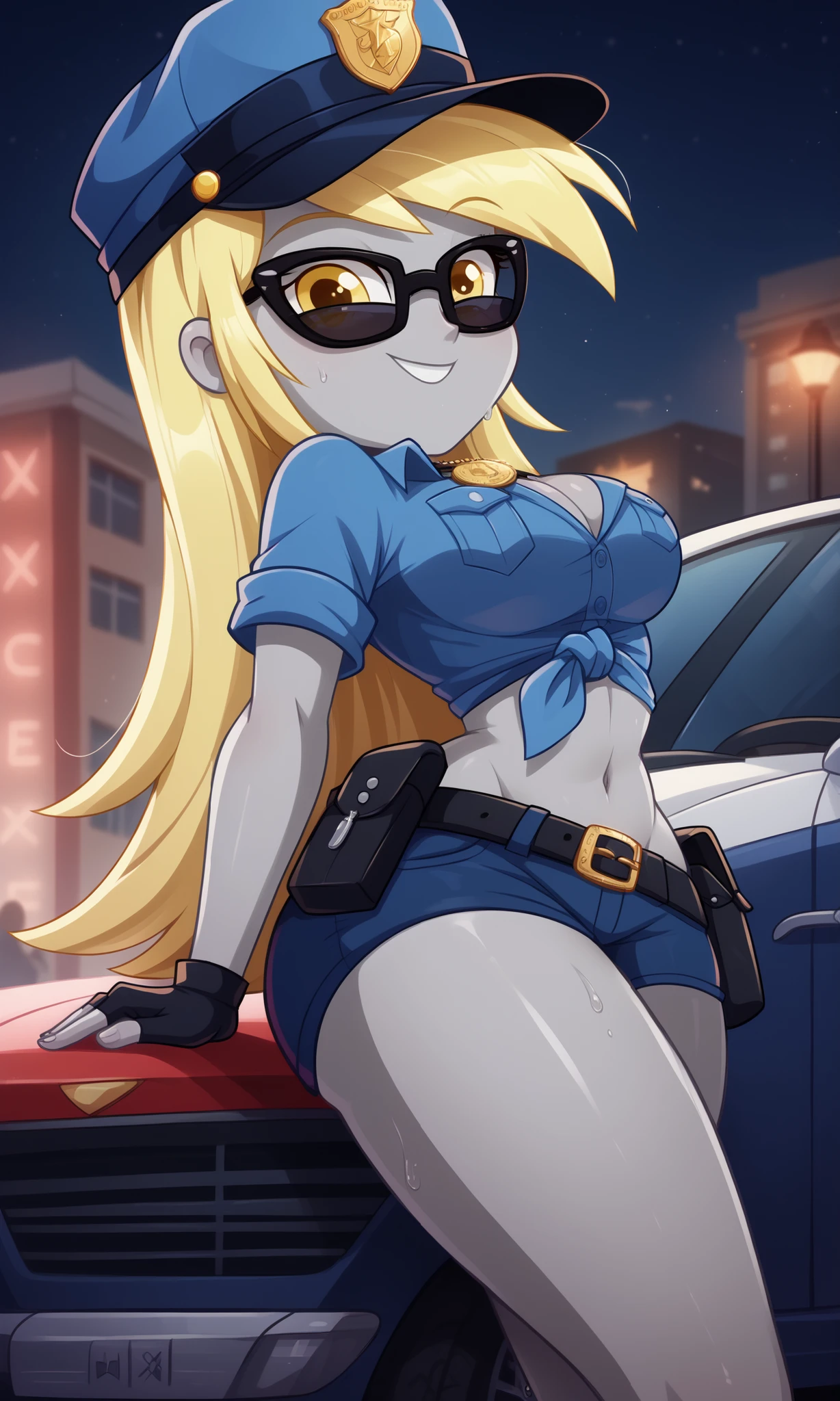 masterpiece, detailed image, soft skin, style_2d_chibi, (Derpy)1 girl, alone, yellow hair, colored skin, long hair, yellow eyes, , smile, ((Focus on face)),, from side, 1 girl, cap, police cap, sunglasses, playing police, cosplay, police, police uniform, alone, uniform, short shirt, navel, belly, tied shirt, short butts, medium breasts, cleavage, hand on the ground, hips, curves, thick thighs, medal, gloves, fingerless gloves, black gloves, holster, belt, simple background, shorts, blue uniform, looking at viewer, behind the car, outdoors, at night, city, road, sitting, after fall, from below, focus on face, looking back, sweat, shiny skin, oiled skin, wide hips, thick thighs,, SciTwi EQG, yellow hair, gray skin,, ((ransu33 art style))