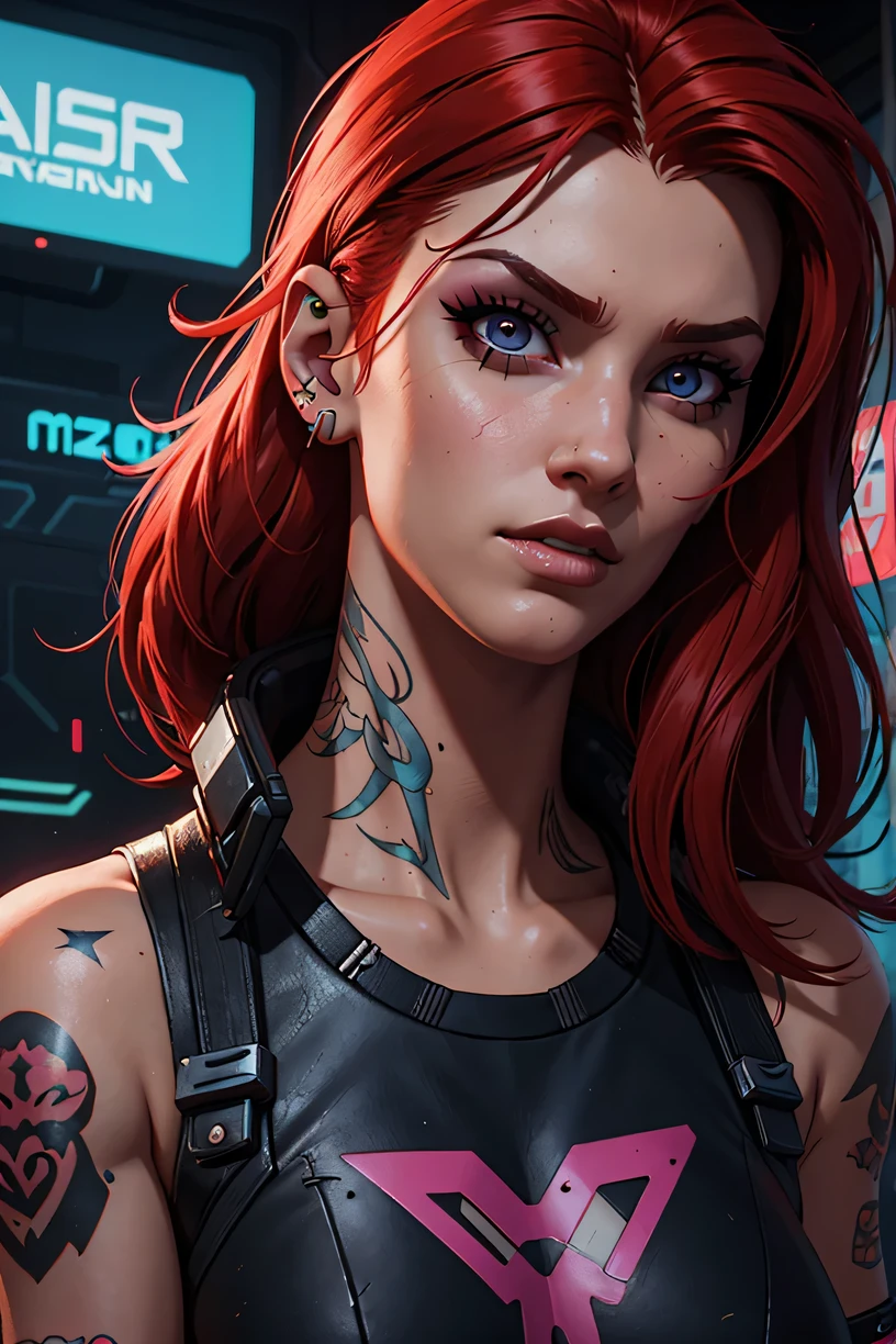 This ((ultra_realistic)) art prompt features a woman in a tank top, medium breast, styled in a post-apocalyptic setting. Her face, gritty yet beautiful, perfectly encapsulates the resilience and determination of a survivor. Her piercing gaze, full of strength and intelligence, is accentuated by well-defined eyebrows. Her nose, straight and refined, adds a regal touch to her countenance. Her lips, captivating yet stoic, tell a story of survival and hope. Her hair, a striking shade of burgundy, is pulled back into a high, tight ponytail, a practical and stylish choice for the harsh world she navigates. The symbols ((💥)) representing the chaotic world around her, and ((🔫)), indicating her weapon of choice, are skillfully incorporated into the artwork's background. This ((post-apocalyptic_style:gritty_and_powerful)) piece underscores the strength and determination of the female survivor, with an emphasis on her resilient and captivating facial features.