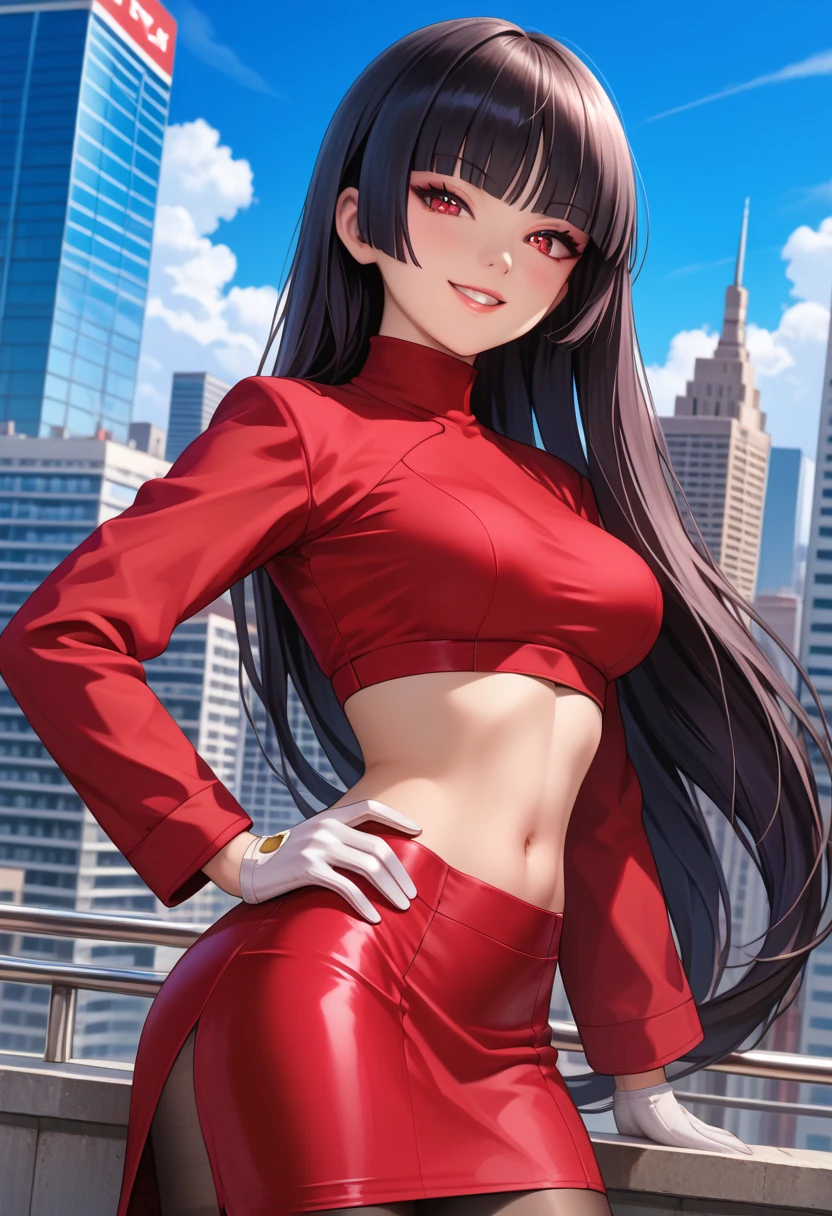 (masterpiece:1.3)、Super detailed finish、(high resolution、8k:1.3)、(of the highest quality、Ultra-realistic like a photo.:1.5)、Sharp focus, Ultra high resolution face、The face is in focus、Ultra high definition and beautiful eyes.、The eyes are symmetrical.:1.3、Beautiful and high definition skin、firm skin、Closeup of face、   、very pretty、very pretty、Natural makeup, bright lips ,, Whole body, jessie_pokemon, earrings, rocket team uniform, crop top, very long hair, purple hair, slicked back hair, white miniskirt, looking at the viewer, happy
