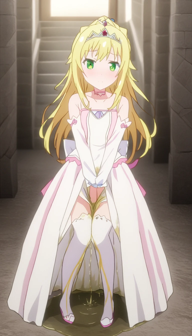 One, 1 girl, I look at the viewer, 2d, anime, anime coloring, whole body, (simple background, Solid white background:1.3), Lefia Virdis, bait, tape, butt skirt, smile, no panties, white stockings, skinny