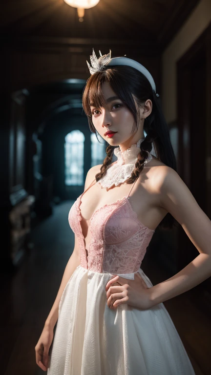 dark dress, ((knee shot)), (masterpiece、best quality、high resolution),((realistic)),(Colored background),(Splash of Color),Sweet girl,Light Blue和白色的长发,(Light Blue, Pink hair),curls,shiny,((Visible cleavage)), ((I-type Valley)), ((E-cup)), Red and pink lips,The crack is relatively large,Splash of Color,Volumetric Lighting,Full breasts, Elegant Posture, Sexy slender legs