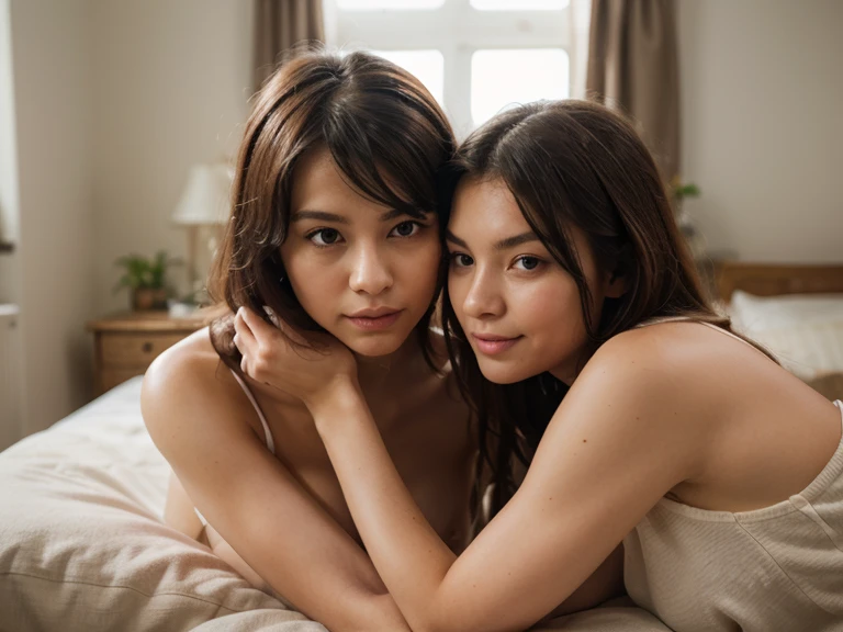 A couple consists of an old man 55 years old man and a young beautiful girl 25 years old, both are Indonesian, both are sleeping naked together side by side, both are husband and wife, loving each other, very realistic, very detail, no cartoon, nude, full naked, the man has circumcised erection, man's penis, penis inserted into girl's vagina,