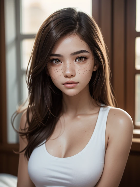 chef-d&#39;artwork, best quality, 8k, Perfect lighting, cinema lighting, Extremely detailed face, Des yeux parfaits, visage parfait, heureux, Femelle, 1fille, Seulement, Seulement focus, (regarder le spectateur), haut du corps, jeune adolescente nubile avec un corps ferme, maigre, dark black hair, yeux marrons, light freckles, cheveux raides, pouty lips, asian girl with tanned skin