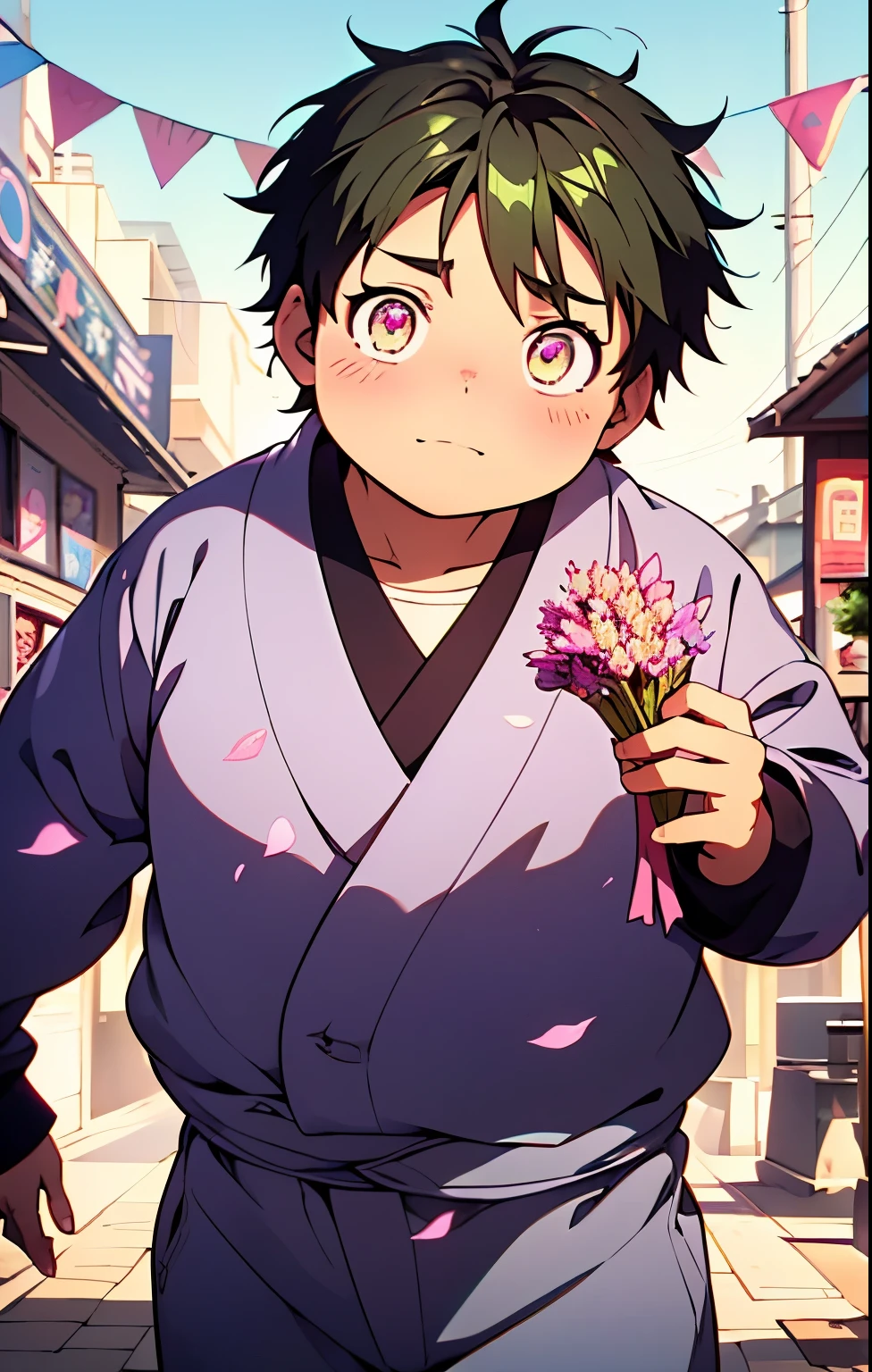 Create an anime-style illustration of Haruyuki Arita from Accel World, reimagined as a Genin from the Akimichi clan in the Naruto universe. He is a charming and confident age ninja, with a soft, round face and expressive eyes that reflect determination and kindness. His body is slightly chubby, in line with the proud physique of the Akimichi clan, but he carries himself with self-assurance and pride. A cute anime-style illustration of Haruyuki Arita from Accel World, dressed up for a spring festival inspired by the Naruto universe. He looks excited and a little shy, holding a bouquet of flowers and a stack of pink heart-shaped cards. He’s wearing a festive yukata with soft spring colors (maybe light blue or lavender) and a green sash. Around him, there are subtle festival decorations like paper lanterns and distant colorful flags. His cheeks are blushing, and his eyes are wide with anticipation as he prepares to drop his Elegant Mail into a heart-shaped box.