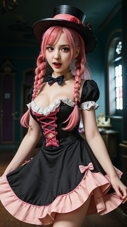ultra realistic 8k cg, masterpiece, (highly detailed, fine details), best quality, 1girl, (photorealistic:1.4),beautiful lighting,  absurdres, RAW photo, film grain, ((large breasts, plump butt,  slim girl)), Perona, ((((1girl)))), long hair, pink hair, solo, black eyes, blunt bangs, cleavage, twintails, drill hair, smile, dress, (small breasts), hat, lipstick, ghost, makeup, black dress, bare shoulders, strapless, stuffed toy, collarbone, frills, top hat, skirt, thighhighs, (full body shot)