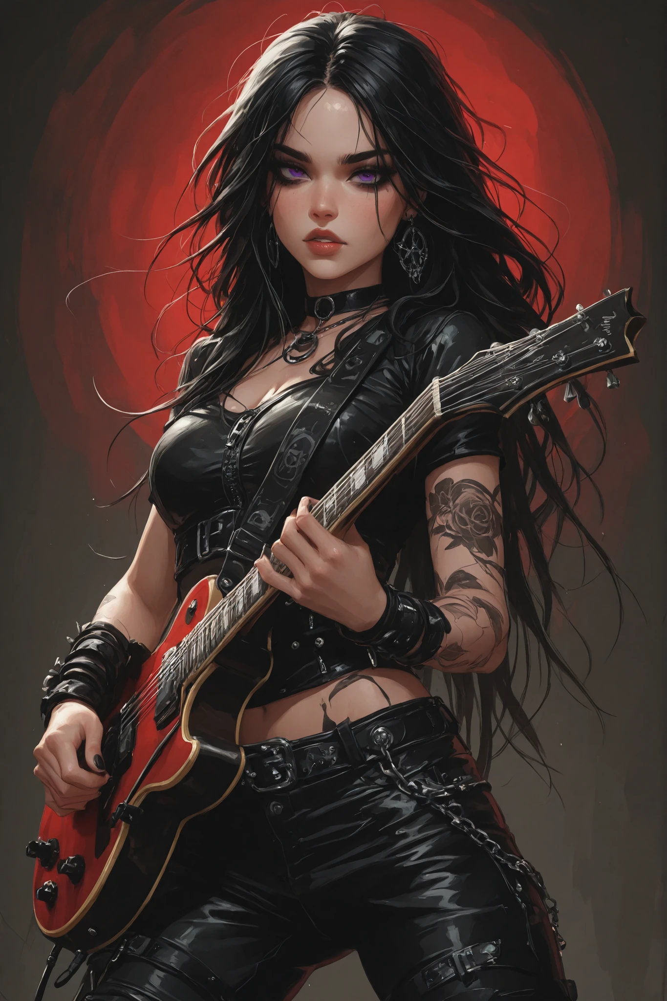 A goth metal girl, with a beautiful face, very sexy body, tight and sexy rocker-style body clothing, playing the electric guitar