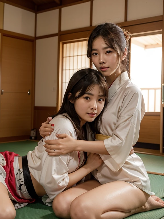 Japanese、The identical twins are middle-aged women、Completely naked、On all fours on the floor、Standing side by side, facing forward、Small breasts、Flat Chest、Flat Chest、Hemp rope bondage、2A woman is pulled by a lead attached to a collar by a man、A man standing looks down at a woman