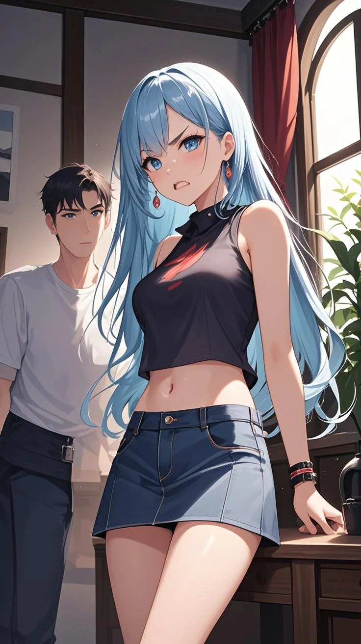 Rimuru Tempest, in its feminine form 1.90 meters, with O cup breasts, golden eyes and shapely legs, He wears casual clothes that highlight his imposing stature.. Her long, silky light blue hair falls in soft waves down her back., and she wears a tight blouse that highlights her figure and comfortable pants that accentuate her height. Rimuru, with an upright posture and a playful smile, is next to Izuku Midoriya, who, with his height of 1.66 meters and athletic build, He wears a casual t-shirt and tight jeans that show his muscles.. Izuku, with her messy dark green hair and bright green eyes, He looks relatively smaller next to Rimuru, which means that she can show off her height in an affectionate way while he smiles and looks at her with admiration. Together, in his casual clothing set, demonstrate a close and affectionate connection, with Rimuru taking advantage of his height to stand out and play with the difference while they enjoy their time together.