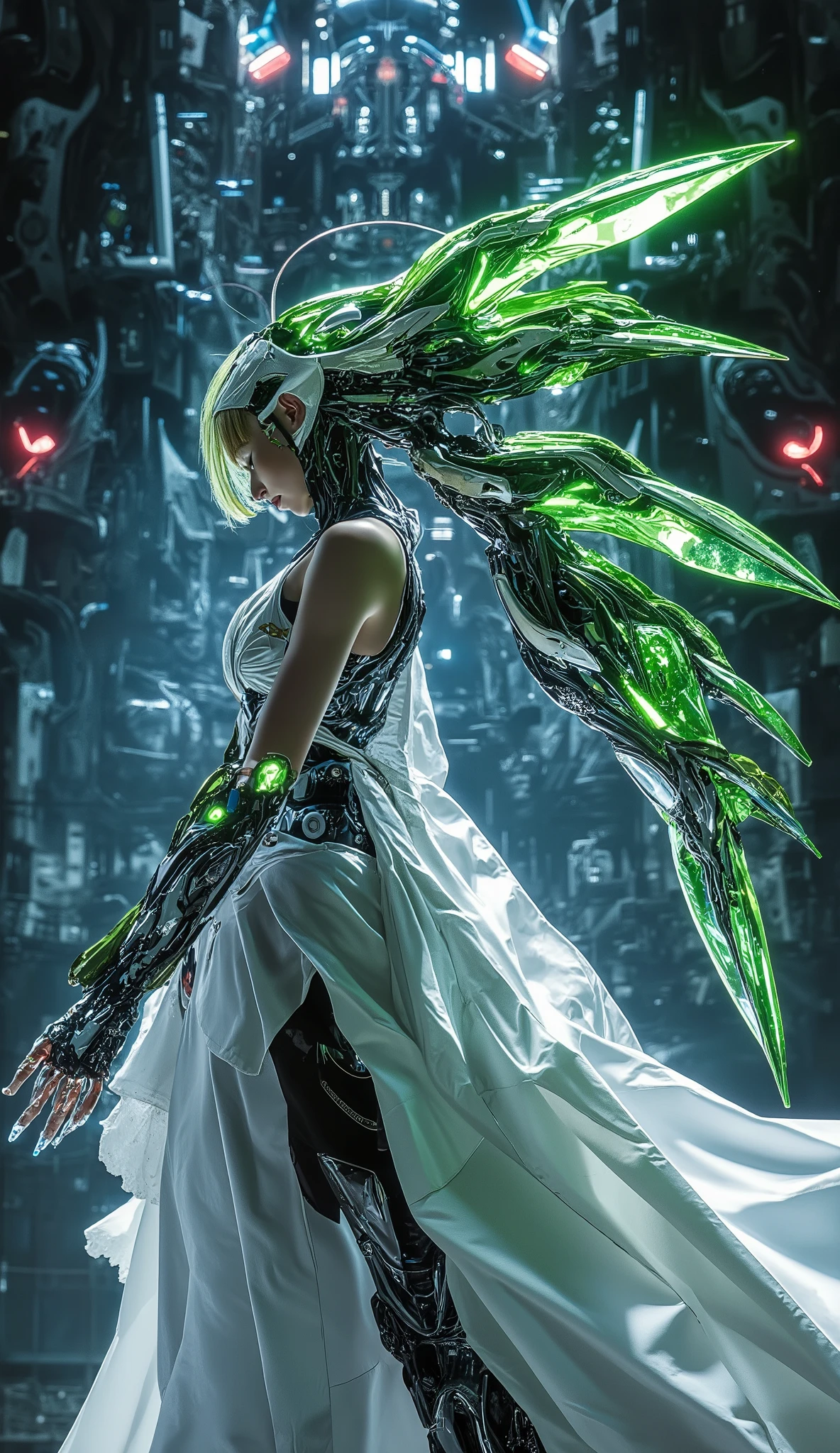 Utopia mixed machine city, green, light blue, nature and machine, detailed background, long large white cloth girl, no heart, red ova in rising up hand, glitter glowing shining cloth,
