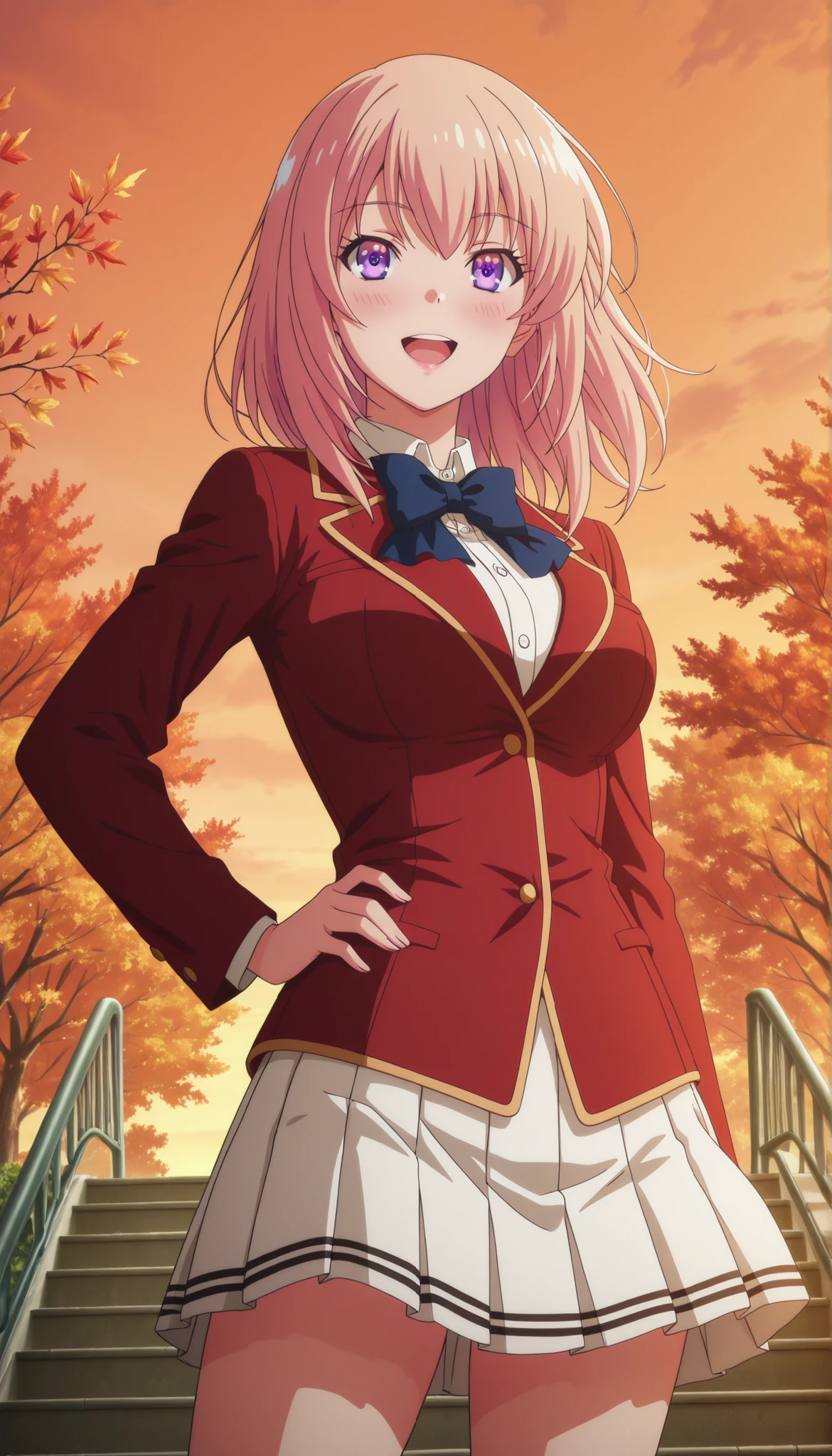  
masterpiece, best quality, very detailed, , masterpiece, best quality,  eyelashes, (Beautiful Eyes), cowboy shot,Ichinose Honami,  anime,  Official Illustration , blush, ruddy skin, medium hair , purple eyes ,    Gold ,red jacket , pleated skirt ,white skirt , shirts , thigh, hand on hips, smile face ,blushing ,open mouth, glossy lips,( in the background, a park on a beautiful autumn evening, You can see the orange sky at sunset), from below