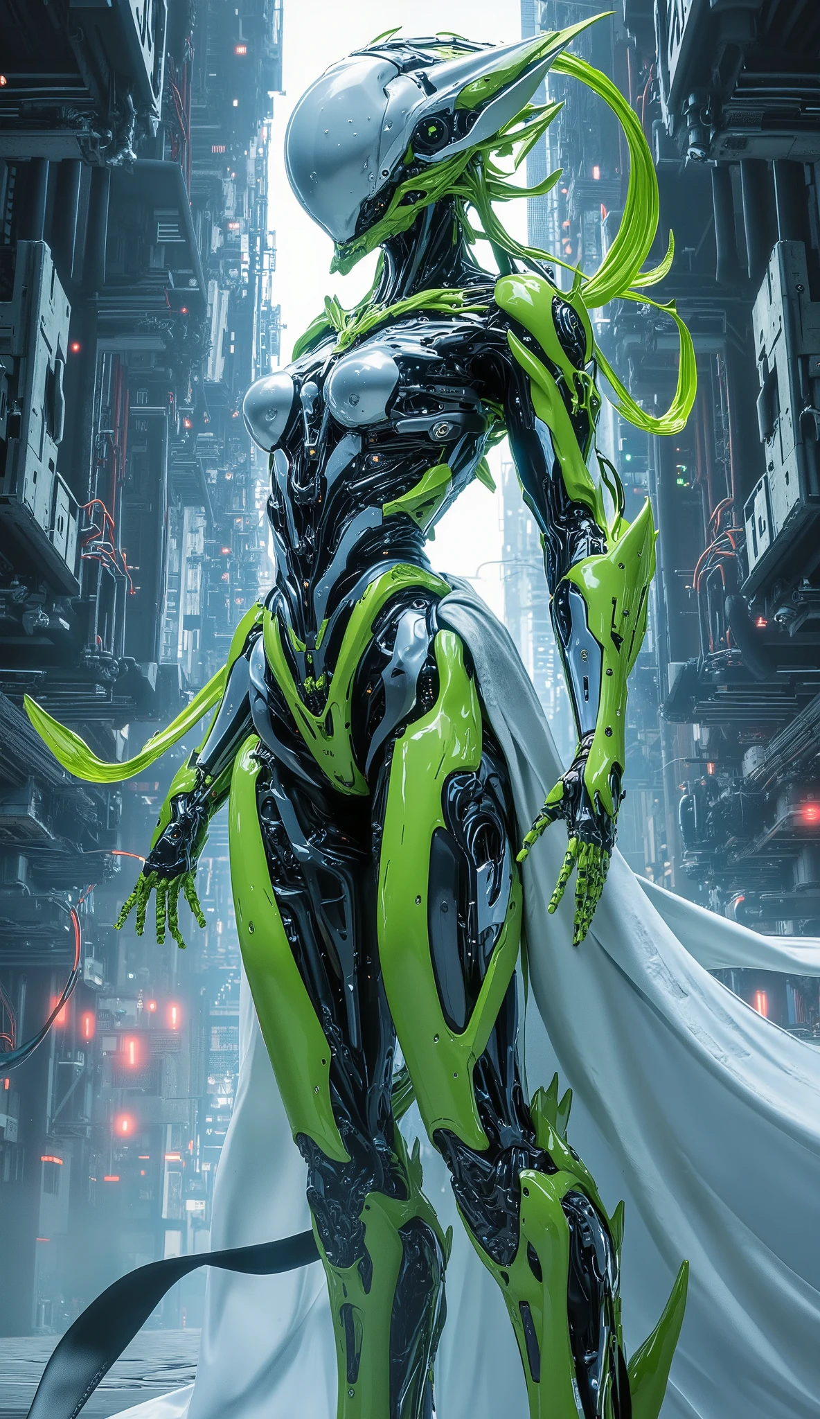 Utopia mixed machine city, green, light blue, nature and machine, detailed background, long large white cloth girl, no heart, red ova in rising up hand, glitter glowing shining cloth,