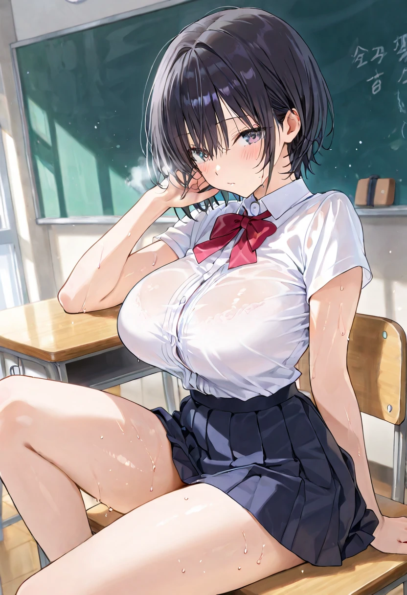 female teacher classroom Black Hair clear Beautiful breasts Black Mini Skirt Black knee-high socks White bra Hair tied up