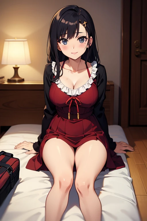 High tail hairstyle, Ponytail hairstyle, Long wavy black hair, standing posing, anime girl style, pixel art anime style,penetrating look with deep eyes,red and purple eyes, hair with a ponytail hairstyle trapped with a big red bun, women, red hair clips, x color shaped hair clips , smiling face blush, next to his bed, lingerie, tank top, Black hair, big thighs,minidress