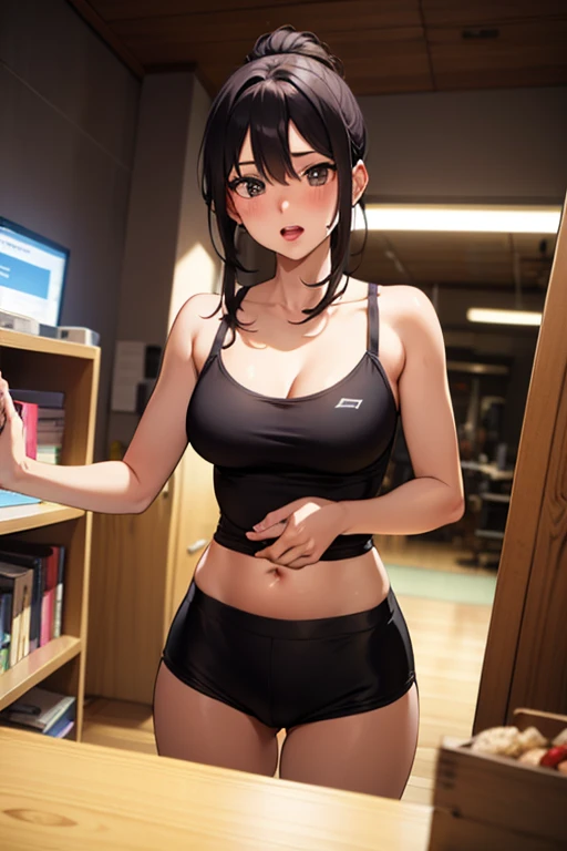 Ecchi、Changing clothes、kawaii、Woman、Colossal tits、bra very、show through、a navel、animesque、masterpiece、high-level image quality、poneyTail、A dark-haired、18year old、dress room、gym、come off、perspiring、Wet --auto