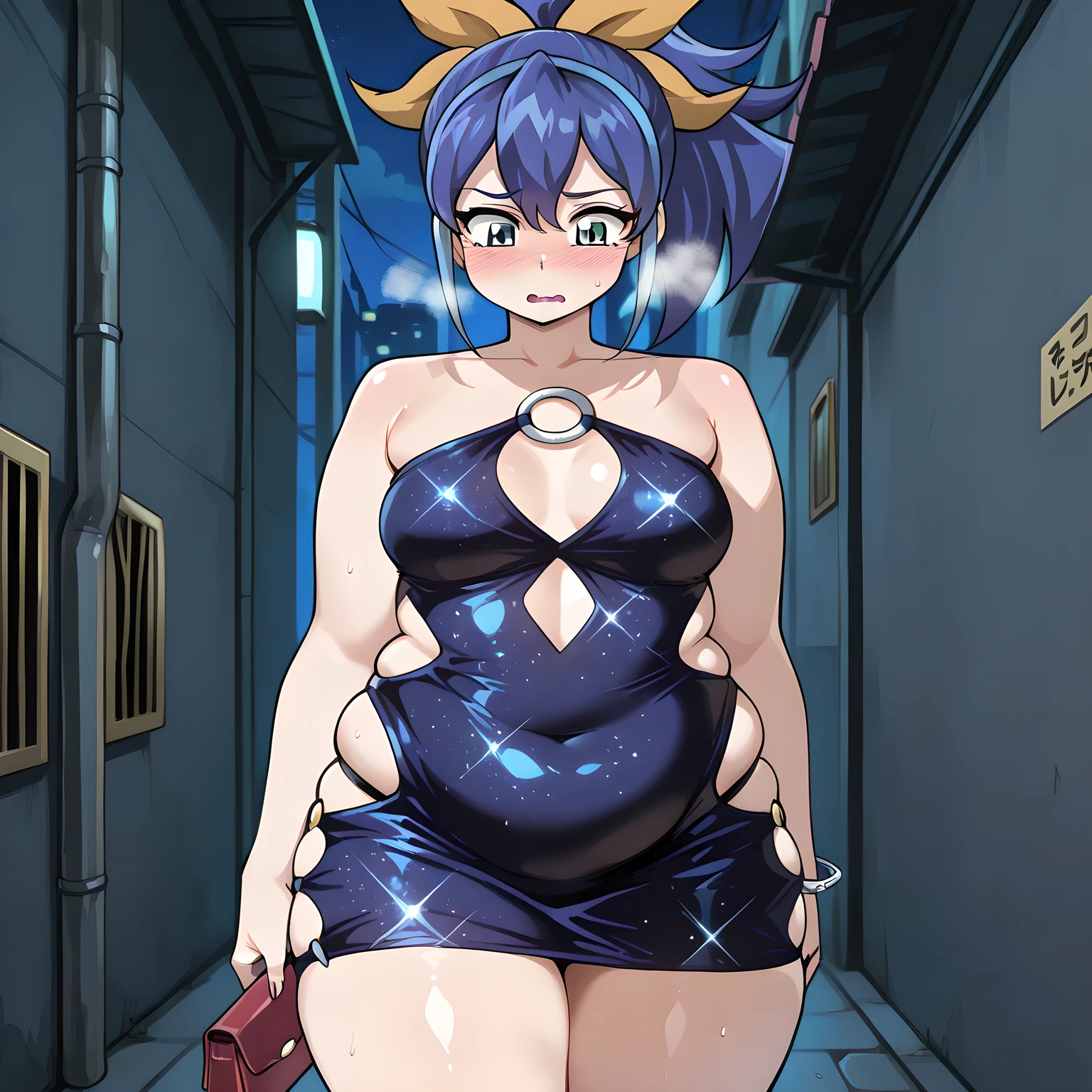 ((1girl)),((alone)), zenia,(masterpiece), (best quality), (ultra detailed), (best illustration), (best shadow), (absurdities), sharp focus, cowboy shot, dynamic posture looking at the viewer, big breasts, narrow waist, wide hips, wide thighs, round butt, erotic, romantic, (very detailed eyes, lips 1.1), very detailed eyes, eyes, Very detailed face, Very beautiful face, full height , beautiful slim figure, femininity, expressive appearance, elastic big breasts, increased sexuality, blue hair, short hair, blue eyes, pointed ears, horns, suit, glasses, wearing a navy blue swimming suit over a shirt, collared shirt, short orange tie, no skirt, no pants, blue heels, defined body, perfect and beautiful body, perfect and beautiful, mouth closed, calm expression, blushing, (sexy pose: 1.2), ((solo)), standing: 1.3 , interior, cityscape, apartment, terrace, railing, city lights, night, looking forward ((focus on hips), point of view (from below), red blush, perfect anatomy, perfect hands,