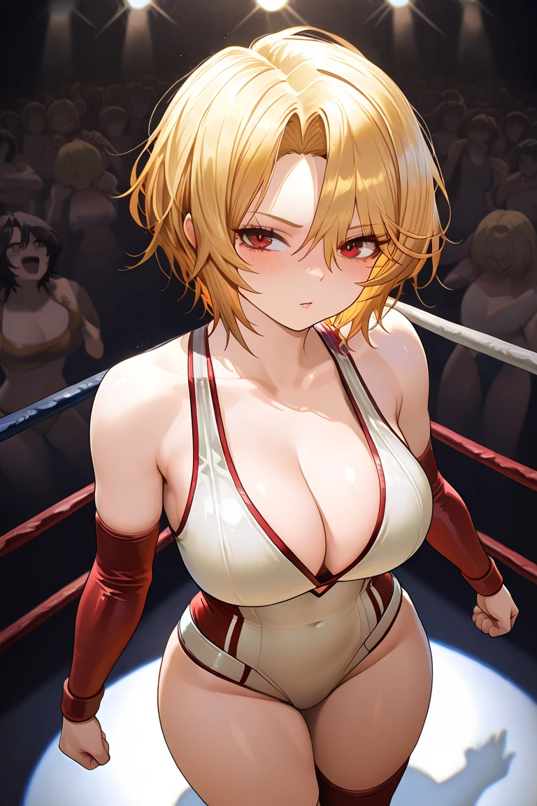 Female boxer straight punch, upper body, dramatic, masterpiece, sweat, high quality, punch with extended arm, boxing, blonde