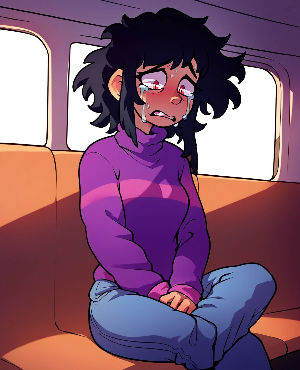 charlotte,yellow eyes,double bun,hair hair ribbon,dark skin,
blue jacket,yellow sweater,hood down,
sitting,upper body,cry,cumshot face,pray for a damn
subway,
(insanely detailed, masterpiece, best quality),(solo),
