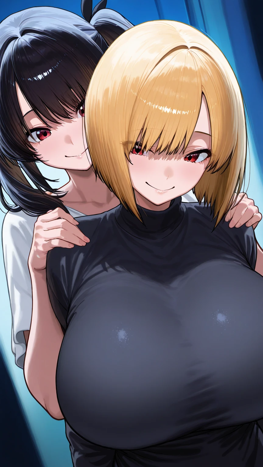 girl's legs spread in V position, futanari holding girl's legs up, spreading legs while penetrating girl from behind/beneath, large breasts,