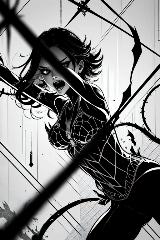 drawing of a woman with a skull mask and a spider web, spider woman, ( ( spiderwoman ) ), spiderwoman!!, spiderwoman!!!!!, ink artwork, detailed fanart, symbiote, highly detailed exquisite fanart, ink and screentone, shohei otomo, black and white manga style, portrait of spiderman, black and white artwork
