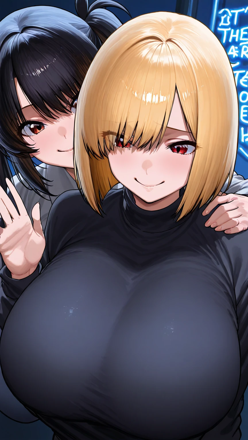 2heads, a short chubby woman with 2 heads. She has enormous breasts. She is outside in the winter. She has gigantic breasts. She is wearing a jacket. Her breasts are exposed. She looks cold. She is happy and smiling. She is blushing. She has massive breasts.