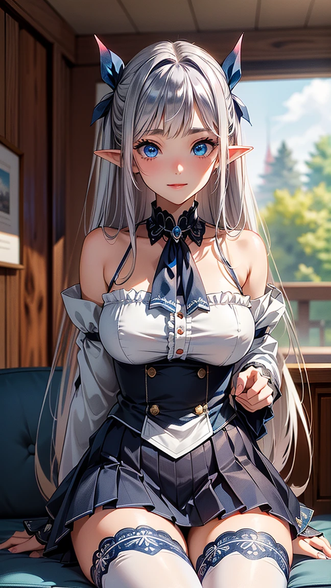 Elf, Silver Hair, In the torture chamber, Lying on a bed and crucified, school uniform, White shirt, skirt, Open your mouth, Raise your hands above your head, Crying face, Small breasts, Bound with big black handcuffs, Spread your legs