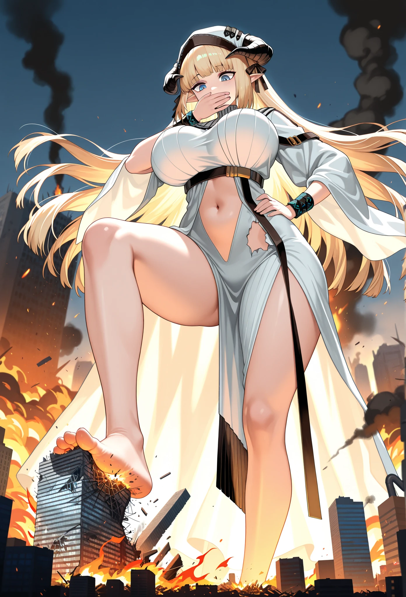 top quality, masterpiece, ultra high definition, Beautiful priestess, Hand waving red fan, fan on fire, Belly button tattoo,blue eyes, looking at the audience, lol,long hair, lips, elf ears, White clothes are very transparent, breasts and can be seen,Golden cape,feather,hair accessories,earrings, Slim, ponytail,barefoot,outdoor,Burning battlefield background