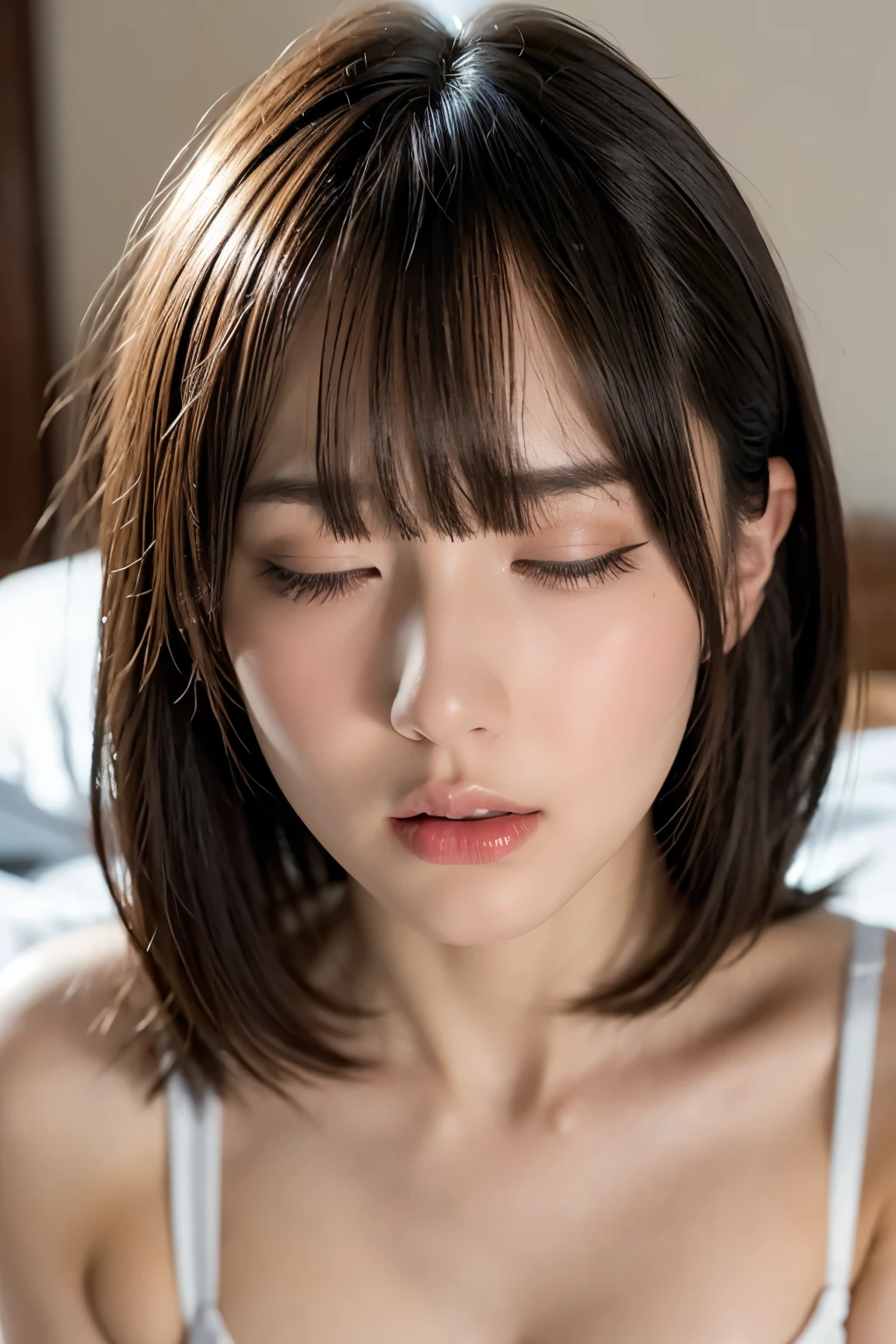Nogizaka 46 Girls、a beauty girl、White lace underwear、NSFW、head shot、hotel、closing eye