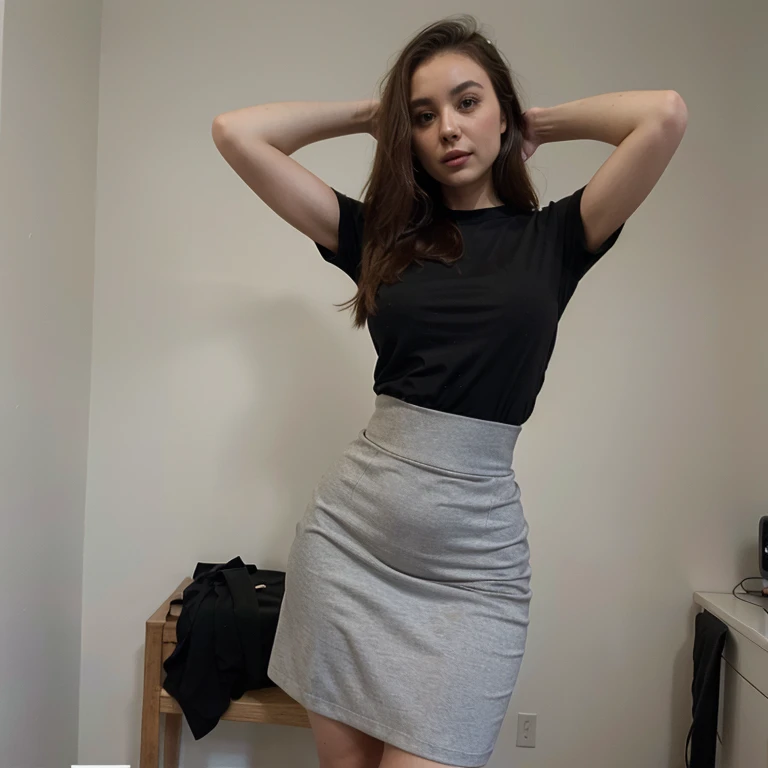 Feeling sluggish(((8k、High resolution、highest quality、High resolution)))alone、Natural body shape、White skin、Natural Makeup、Black Hair、bangs、Straight Long Hair、、((()))、、(Big Breasts:1.4)、(())、(((((Looking at the camera)))))、(((Pure white panties)))、((()))、Bedroom、、(())、、(Business look), ((teacher)), White ribbed short sleeve V-neck, Formal black tight skirt,mini skirt , necklace、((Full body photo))、On the bed、Sit with your legs apart