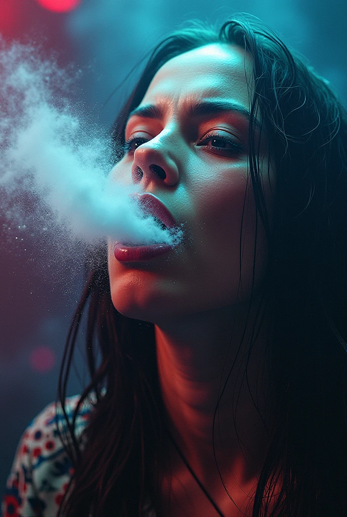a side profile portrait of a beautiful young lady exhaling thick creamy smoke from her open mouth, smoke drifts and dances and weaves majesticly in the cool futuristic night light with an ethereal look. She has thick long black hair. Taken by professional photographer using a canon 5D mark 3. Extremely detailed and colourful --ar 2:3 --v 6.0 --style raw --s 750