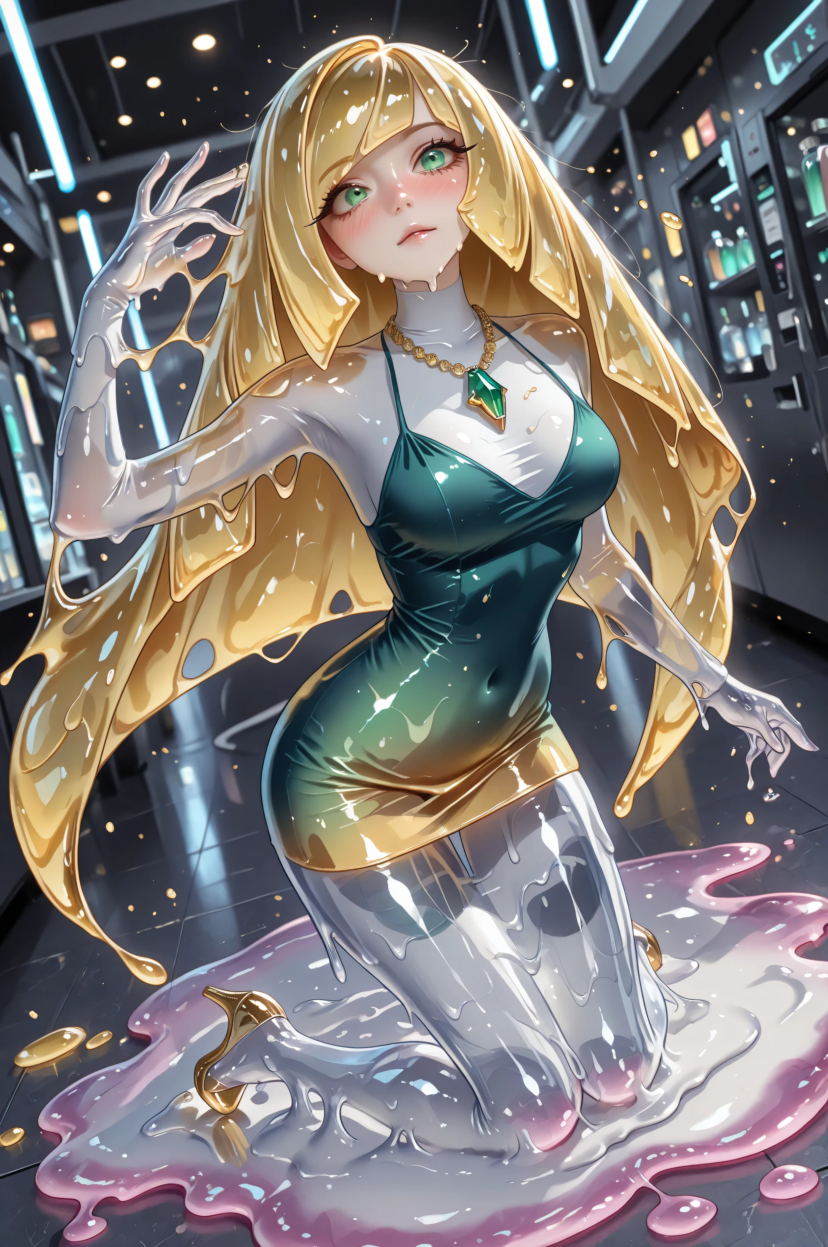 high transparency,transparent face,transparent head,transparent head,transparent body,slime skin,high definition eyes,eyesHD,detailed eyes,translucent Lusamine adult slimegirl melt into a puddle completely:1.0, long eyelashes, green eyes, blushing intensely, gasping, very long blonde slime hair, hair covering one eye, messy hair, sleeveless white gradient slime dress, jewelry, gem, necklace, two-tone white slime leggins melting, slime high heels melting, clothes melting completely:1.0, orgasming:1.0, dynamic pose, photorealistic details, masterpiece, ultra-detailed, great angle, nice image composition, scenery, futuristic pokemon lab,