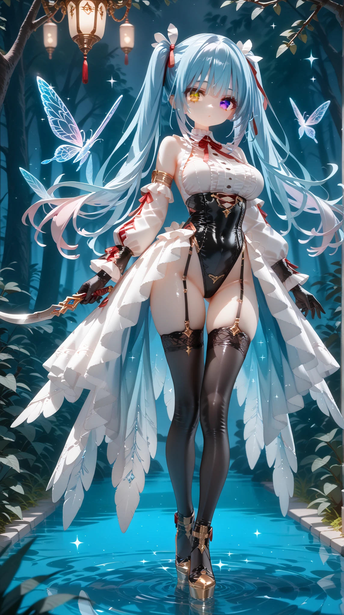White gradient background ( girl Full body :1.7) , squatting legs,, (beautiful detailed light blue eyes),,1个small Breast Girl,anatomy correct,Rabbit-shaped headdress,short twin tails detailed hair,ssmile,chinese court, chinese feeling, lanterns, chinese knots, , pantyhose ,detailed strappy sandals, small feet , detailed STILETTO HEELS ,perfectly proportions,extremelydetailedface,(Best quality at best,high detal,tmasterpiece,offcial art,movie light effect,4K)