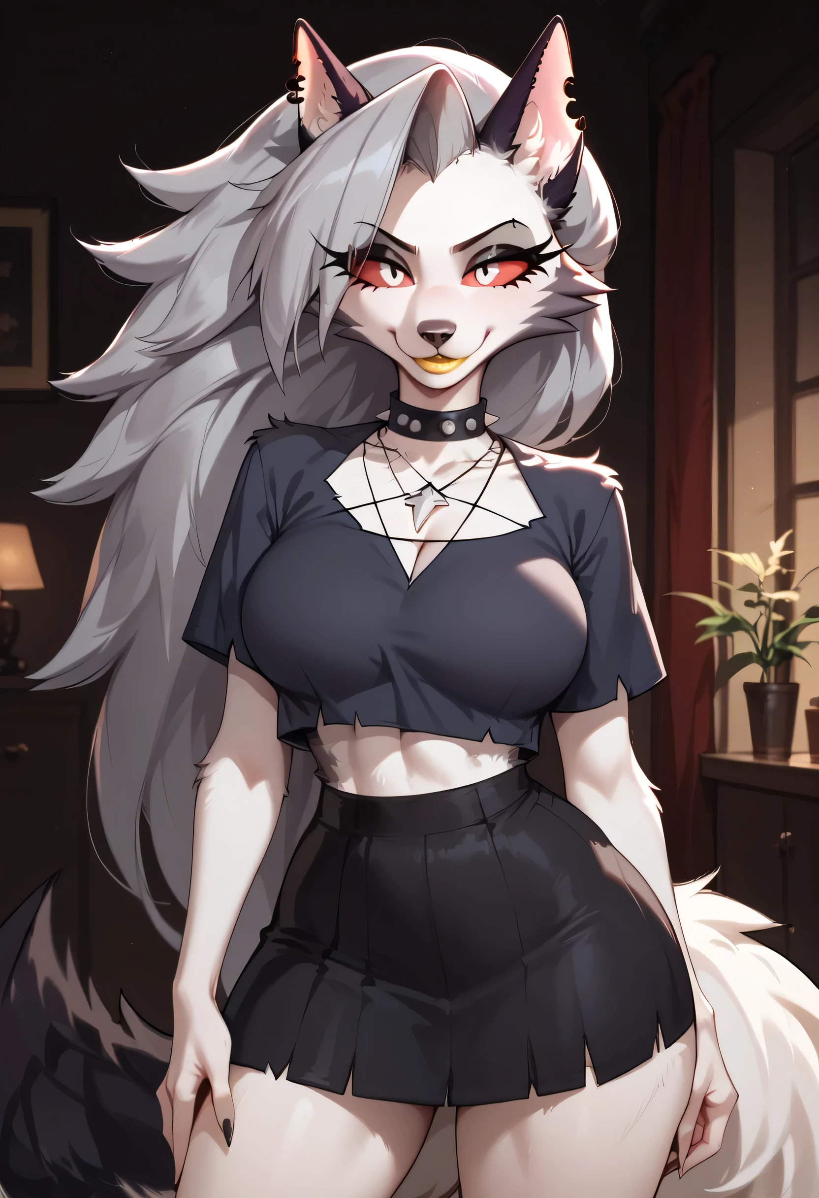 ,long eyelashes, woman, solo, hairy female, wolf girl, red eyes, red sclera, gray hair, long hair, bangs, wolf ears, wolf tail, body hair, gray fur, two-tone fur, white fur, spiky necklace, snout, animal nose, ear piercing, yellow lipstick, big breasts, anime style, Loona, black skirt, happy, gray top