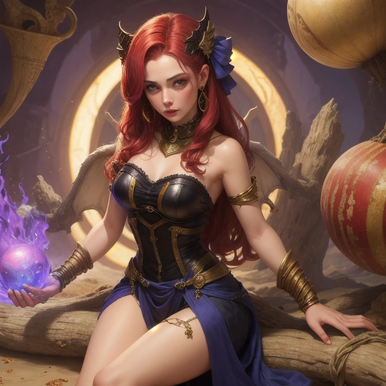 A gorgeous, Caucasian lady with curly red hair and vivid green expressive eyes, casting a spell with her hands, a confident smile on her perfectly proportioned body. She is surrounded by a celestial star map, an experiment desk crowded with alchemy instruments, medicines, reagents, specimen, bottles, scrolls, and many floating open spell books. A large floating antique terrestrial globe, an old compass, and a massive old clock add to the magical atmosphere. She wears a beautiful, flowing wizard's skirt with frills, illuminated by dramatic backlighting in a beautiful, fantastic night view filled with a multitude of stars. Highly detailed, finely detailed beautiful eyes and face, perfect anatomy, and fingers, with a depth of field and atmospheric perspective, all in 8K UHD resolution, creating an ultra-realistic and ultra-detailed legendary multicolored psychedelic masterpiece.