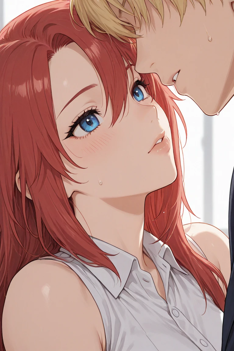 8k, masterpiece, pov deepthroat, close-up shot 1boy, penis, pubic hair 1girl, takashirohiroko, long red hair, purple eyes, green round ear rings, purple lingerie, large breast, deepthroating a man, , cum, detailed eyes, detailed lips, 