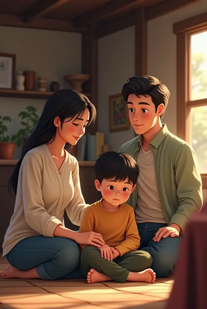 A boy seating silent in village house and his parents sitting with him mom catching his hand giving love to him and father looking with smile face